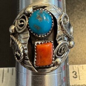 Eugene Belone Navajo Sterling Ring Turquoise Coral Eagle Handmade Size 11.5